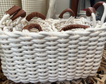 Handmade Basket/ Woven Cotton Rope Basket/White Storage Basket/Home Decorative Basket/ Decorative Organize Basket/Decorative Storage Basket