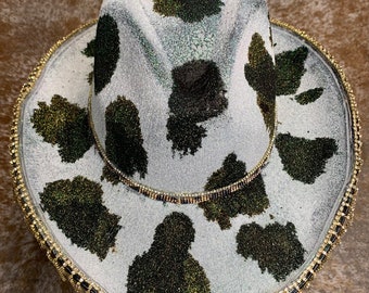 Custom Cowprint Rhinestone Tassel Cowgirl Hat, Silver Rhinestone, Cowprint Cowgirl, Rhinestone Tassel, Cowgirl Hat, Gifts for Her, Bride