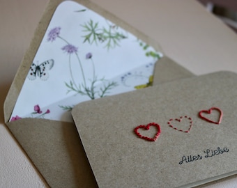 Hand embroidered Card with hearts