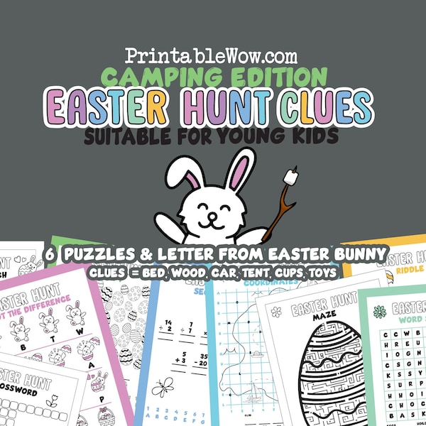 Easter Camping Scavenger / Treasure Hunt Clues Plus Basket Template & Easter Bunny Letter (6 Puzzles Suitable for younger kids)