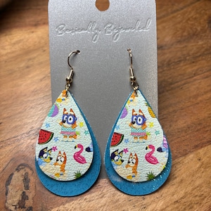 Faux Leather Earrings | Summer Blue Dog Earrings | Cartoon Earrings | Blue Dog Cartoon Jewelry | Lightweight Earrings | Character Earrings