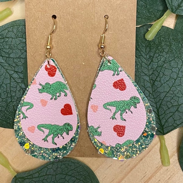 Faux Leather Earrings | Dinosaur Heart Valentine's Day Earrings | Green Glitter | Teardrop