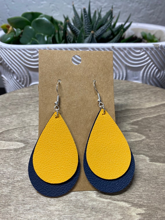 Faux Leather Earrings Gold and Navy Teardrop Earrings