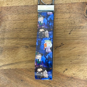 May include: A blue and black key chain with a silver ring and a printed design of characters from the Harry Potter series.