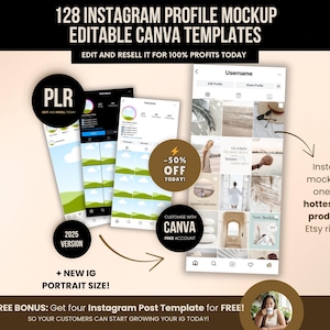 Può includere: Una pubblicità per 128 modelli di mockup di profilo Instagram modificabili di Canva. L'immagine include mockup di profili Instagram, con testo che recita "-50% DI SCONTO OGGI!" e "+ NUOVA DIMENSIONE RITRATTO IG!"