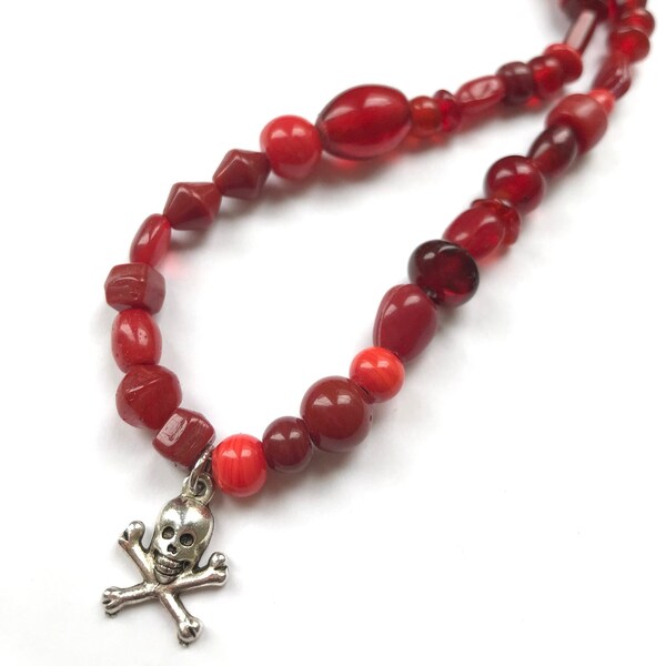 red beaded skull necklace, y2k grunge necklace