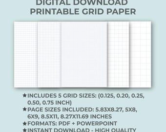 Pacchetto di carta millimetrata stampabile, modelli di griglia quadrata, pagine di quaderno (download digitale)