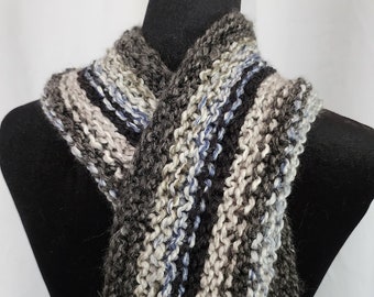 Unisex - Men's or Women's Knitted Scarf - Misty Morning - Grey, Black and Blue