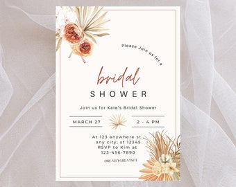 Boho Pampas Bridal Shower Invite, Floral Bridal Shower Invite, Minimal Boho Bridal Shower Invite, Instant Digital Download, Editable, Canva