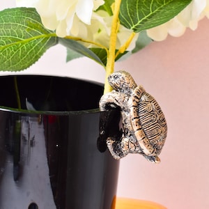 Könnte beinhalten: Eine kleine, texturierte Schildkrötenfigur in Bronzetönen, die so gestaltet ist, dass sie am Rand eines Gefäßes eingehängt werden kann. Die Schildkröte hat ein detailliertes Panzer-Muster und sitzt am Rand eines glänzend schwarzen Topfes.