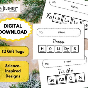 Etiquetas para regalos navideños IMPRIMIBLES // Navidad, tabla periódica de elementos, ciencia, nerd, amigo invisible, obsequio de fiesta, minimalista