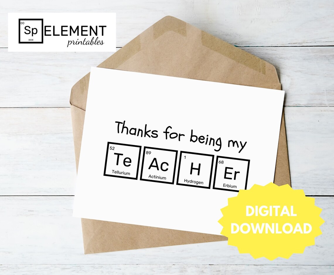 Science Teacher Thank You Card, Printable, Chemistry, Periodic Table of ...