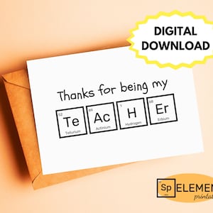 Tarjeta de agradecimiento para profesores de ciencias, imprimible, química, tabla periódica de elementos, tarjeta de estudiante para profesor, tarjeta para mentor, regalo de profesor