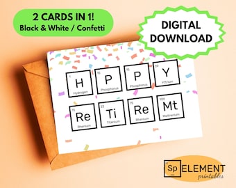 Periodieke elementen Happy Retirement-kaart AFDRUKBARE // wetenschapsleraar, nerdy, scheikunde, wetenschapper, professor, onderzoeker, confetti