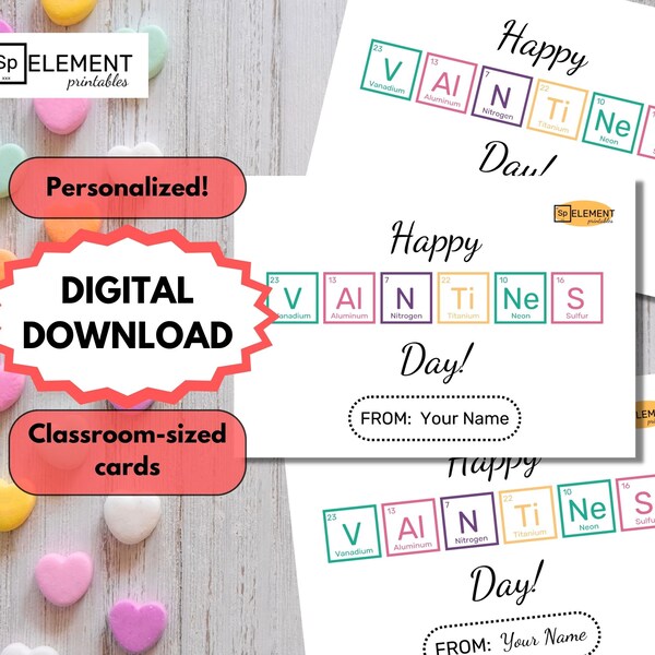Personalized Periodic Table Valentines PRINTABLE | Science Classroom Valentine | Kids Valentine Cards | Chemistry |  Happy Valentine's Day