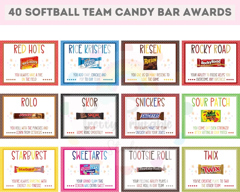 40 Softball Candy Bar Award Certificates Softball Player Award Softball