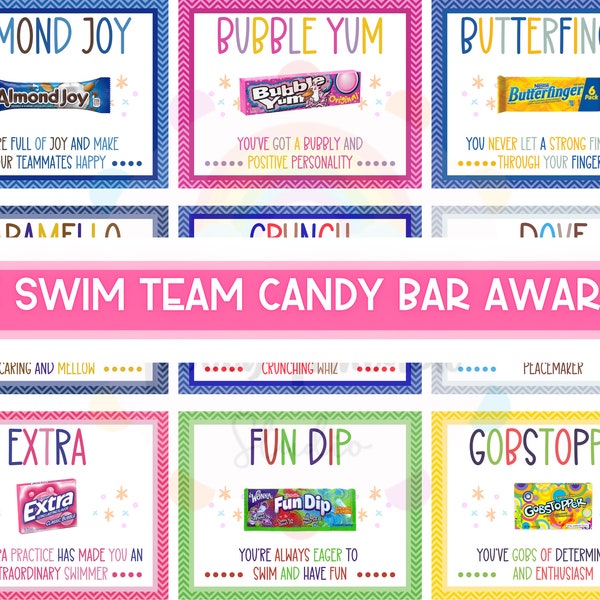 35 Swim team candy bar award certificates - Swimmer candy bar awards - Swimming candy bar award certificate - Swim award ceremony -Candy tag