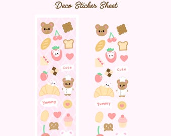 Beary Bakery Themed Deco Sticker Sheet | Journaling Stationary Korean Deco Stickers Toploader Bujo Kpop Toploader Deco Polco