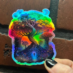 Trippy Tree of Life Holographic Vinyl Sticker, Laptop, Water Bottle, Notebook, Guitar Case, shiny, water resistant, retro, psychedelic