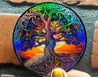 Tree of Life Holographic Vinyl Sticker for laptop, water Bottle, notebook, guitar case, water and weather resistant, retro psychedelic style