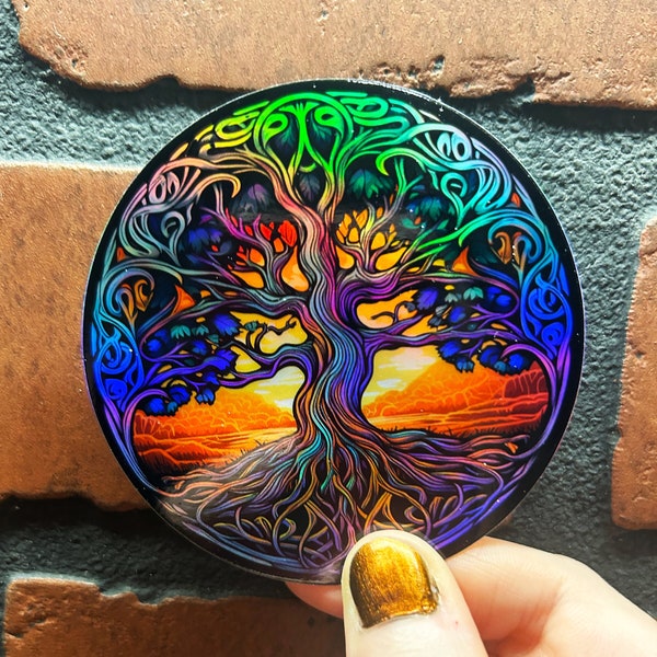 Tree of Life Holographic Vinyl Sticker for laptop, water Bottle, notebook, guitar case, water and weather resistant, retro psychedelic style
