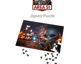 Area 51 Jigsaw Puzzle, Extraterrestrial Encounter Puzzle, Sci-Fi Space Art Puzzle for Adults, UFO Roadside Scene Puzzle, UAP Night Scene