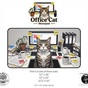 May include: A rectangular mousepad featuring a tabby cat sitting at a desk with a computer, black binders labeled TPS, two white coffee mugs, a potted plant, and yellow sticky notes with text including ASAP, CALL, FOLLOW UP, EMAIL, 3 PM, and URGENT.