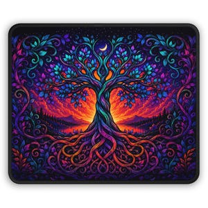 May include: A rectangular mouse pad featuring a vibrant, colorful illustration of a tree with intricate, swirling roots and branches. The scene depicts a sunset with orange and red clouds, a crescent moon, and deep blue, purple, and teal foliage.