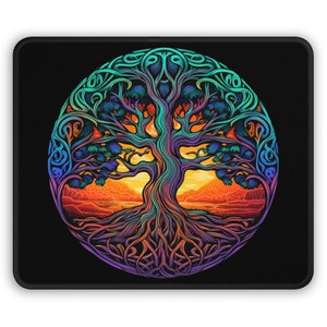 May include: A colorful, psychedelic tree of life design with intricate roots and branches. The tree is surrounded by a sunset landscape with a lake and mountains. The design is circular and has a black background.