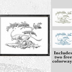 Dino Tree | Pen and Ink Art | Jurassic Wall Poster | Black and White Vintage | Instant Download Print Art