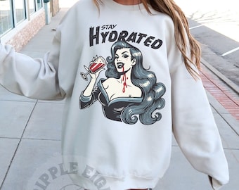 Vintage Vampire Girl Sweatshirt, Vampire Stay Hyrdated Shirt, Vampire Shirt, Halloween Shirt, Comfort Colors Tee, Halloween Oversized Shirt