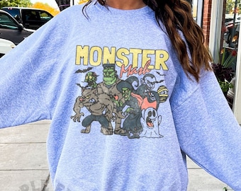 Camisa vintage de colores cómodos de Halloween, sudadera retro de puré de monstruos de Halloween, camiseta vintage de Halloween fantasma, camiseta de monstruo, top de otoño retro