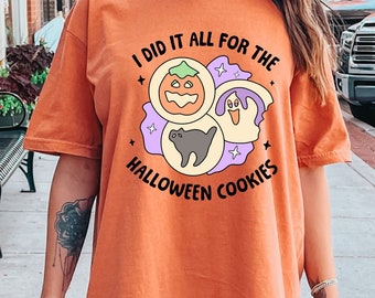 Camiseta de biscoito de açúcar de Halloween, gola redonda fantasma de abóbora de gato assustador, camiseta de biscoitos de Halloween, outono retrô, gostosuras ou travessuras fofas