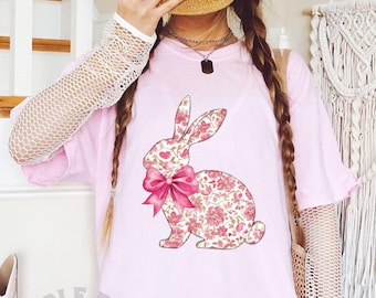 Happy Easter Shirt,Coquette Toile Bunny, Easter Bunny, Blue Floral Chinoiserie Bunny Shirt, Easter Coquette, Floral Spring, Spring Season