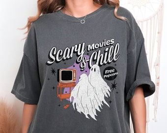 Scary Movies and Chill Shirt, Pink Halloween Shirt, Spooky Season Shirt, Pink pumpkin, Coquette Halloween Shirt, Witchy Halloween Tee, Ghost