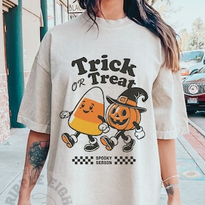 Halloween - Trick or Treat Candy Corn & Jack O' Lantern, Trendy Retro Vintage Halloween Shirt, Comfort Colors Halloween Retro Trick Or Treat