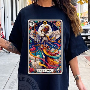 Camisa de tarô de Virgem, camisa do zodíaco, vibrações de bruxa, signo de virgem celestial, camiseta de tarô gótico, cores confortáveis, camisa de tarô do zodíaco