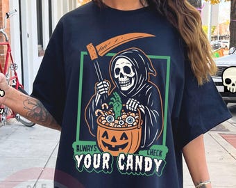Controleer altijd je snoep Magere Hein Halloween, trendy vintage Halloween Magere Hein T-shirt, pompoen Halloween, vintage Halloween Hein