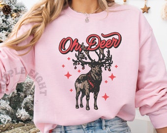 Oh, kersttrui herten, grappig en humoristisch winterrendier retro vintage T-shirt, vintage kerstshirt dames retro rendier T-shirt,