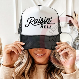 Raisin&#39; Hell Trucker Hat, Red Western Trucker Hat, Distressed Vintage Inspired Aesthetic, Country Concert Hat, Trendy River Lake Life Cap