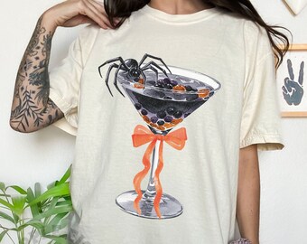 Halloween Coquette Shirt, Halloween Spooky Season Shirt, Witchy Skeleton Shirt, Spider in Wine Glass Shirt, Trendy Retro Halloween Shirt
