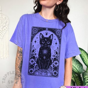 La chemise de carte de tarot de chat, chemise drôle de sorcière de chat noir, T-shirt d'amant de chat céleste, carte de tarot de chat noir, chat noir de sorcière d'Halloween