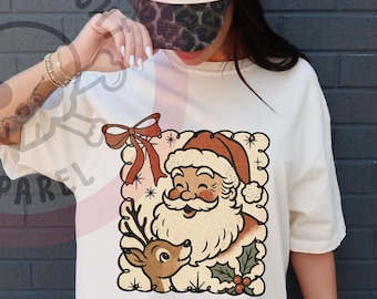 Retro Santa Claus & Reindeer Tshirt, Vintage Christmas Coquette Bow, Holiday Santa Sweatshirt, Nostalgic Christmas Shirt, Comfort Colors