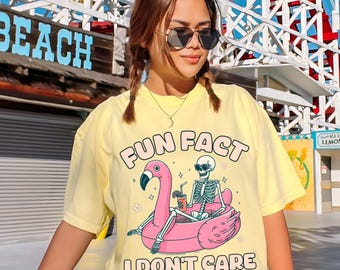 Fun Fact I Don't Care Tshirt, Sassy Sarcastic Tee, Snarky Skeleton Summer Flamingo Tshirt, Comfort Colors, Trendy Skeleton, Summer Beach Tee