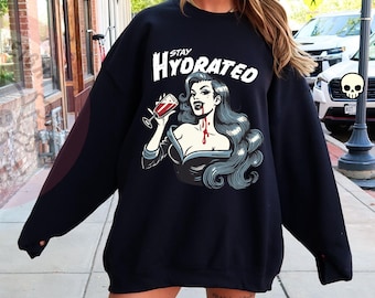 Vintage Vampire Girl Sweatshirt, Vampire Stay Hyrdated Shirt, Vampire Shirt, Halloween Shirt, Comfort Colors Tee, Halloween Oversized Shirt