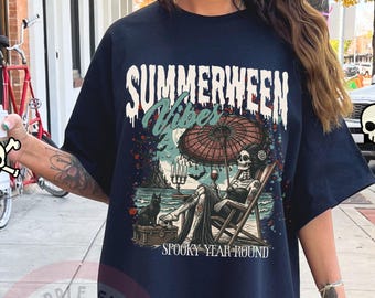 Summer Halloween Tshirt, Funny Halloween Tee, Gothic Halloween Summer, Halloween in Summer, Spooky Summer Halloween Tshirt, Trendy Skeleton