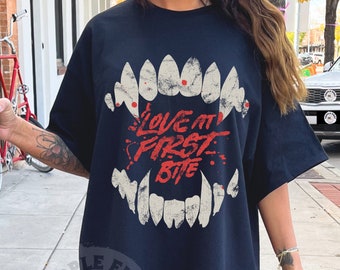 Halloween, Love at First Bite Vampire Fangs Oversized Shirt, Halloween Shirt, Comfort Colors Tee, Plus Size Halloween Shirt, Vampire Shirt