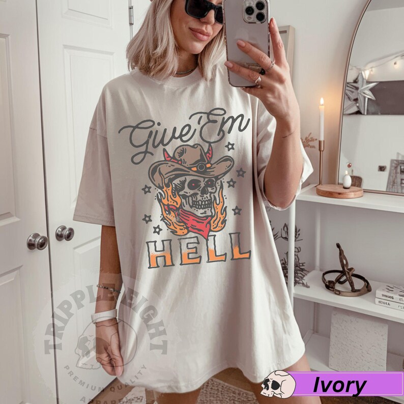 Give 'Em Hell, Devil Outlaw Cowboy Skull Western, Desert Funny Humorous Retro Vintage Shirt, Shirt Retro Rockn Roll Skeleton Shirt, Gothic Ivory