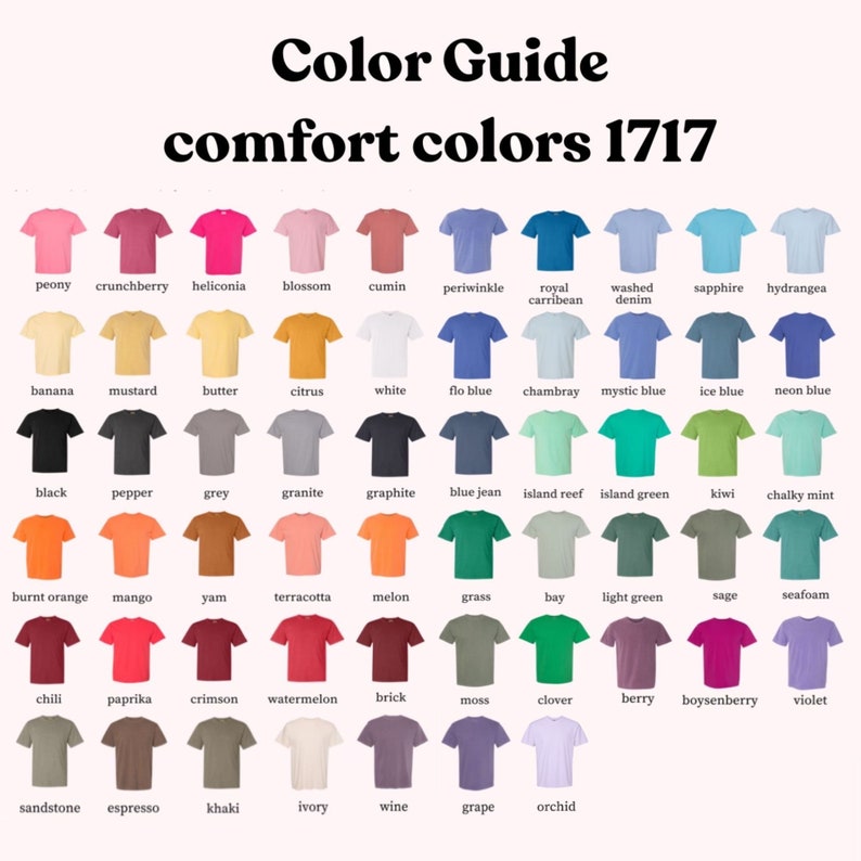 Op de afbeelding: Kleurenkaart met 48 verschillende kleuren t-shirts van het merk Comfort Colors. De kaart is gelabeld "Comfort Colors 1717".