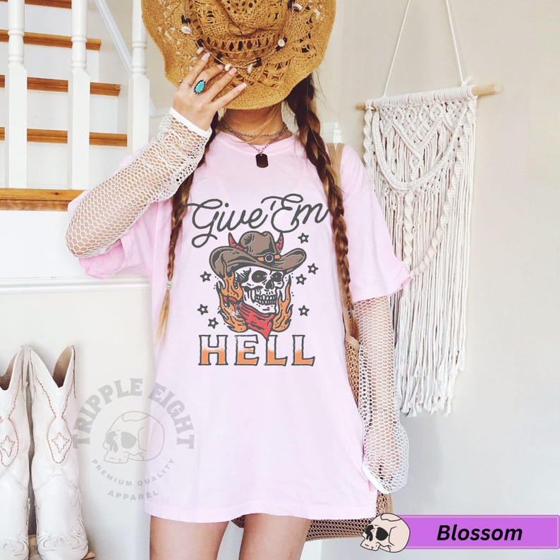 Give 'Em Hell, Devil Outlaw Cowboy Skull Western, Desert Funny Humorous Retro Vintage Shirt, Shirt Retro Rockn Roll Skeleton Shirt, Gothic Blossom